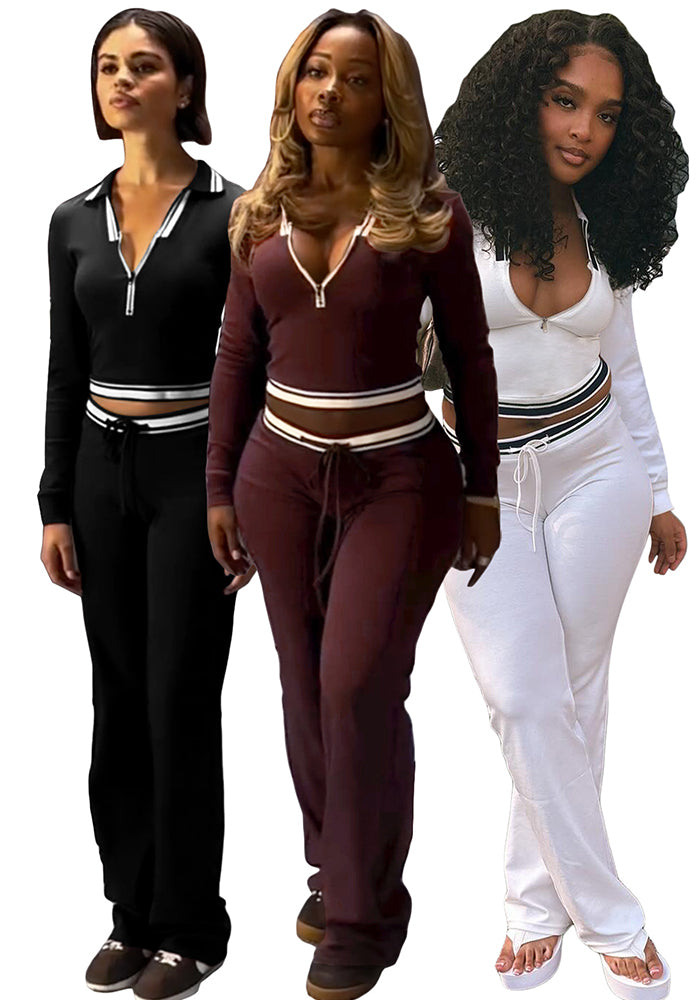 Turndown Collar Half-Zip Top & Wide-Leg Pants Athletic Set