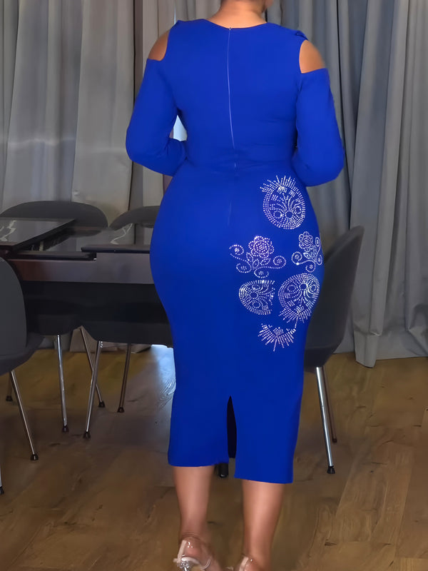 Women Elegant Long-Sleeve Off-Shoulder Zipper Rhinestone Decorated Dress