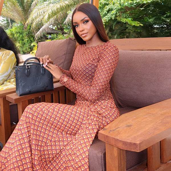 Printed Ruched Lace-Up A-Line Long Sleeve Dress for Holidays