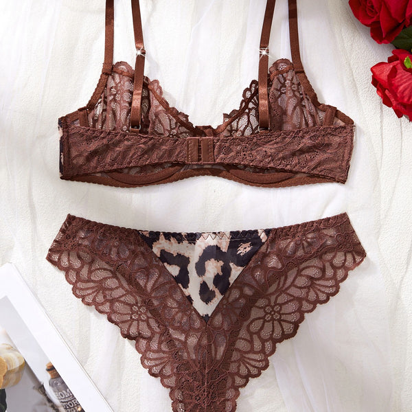 Women Lace Leopard Print Patchwork Underwire Bra Sexy Lingerie Two-Piece Set