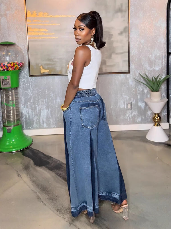 Elastic Color Block Wide Leg Denim Pants for Casual Outings