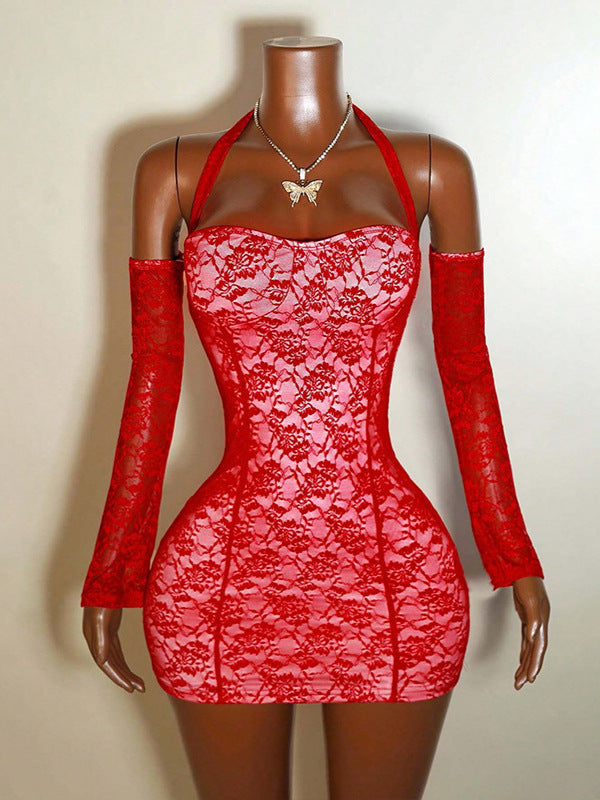 Lace Patchwork Strapless Halter Bodycon Dress for Summer Parties