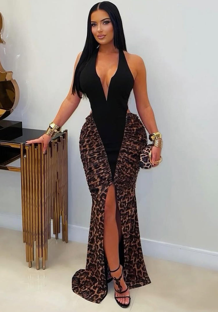 V-Neck Halter Slit Patchwork Leopard Print Hollow-Out Dress