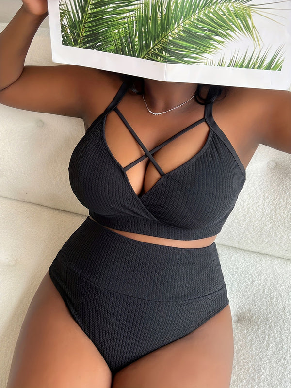 Plus Size Solid Strap High Waist Two-Piece Bikini