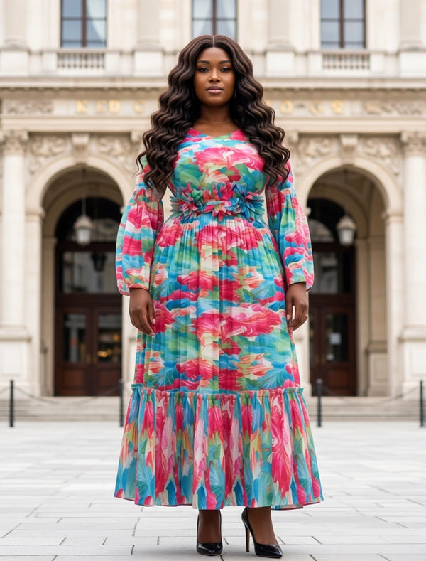 Plus Size African Women Pleated Floral Elegant Maxi Dress