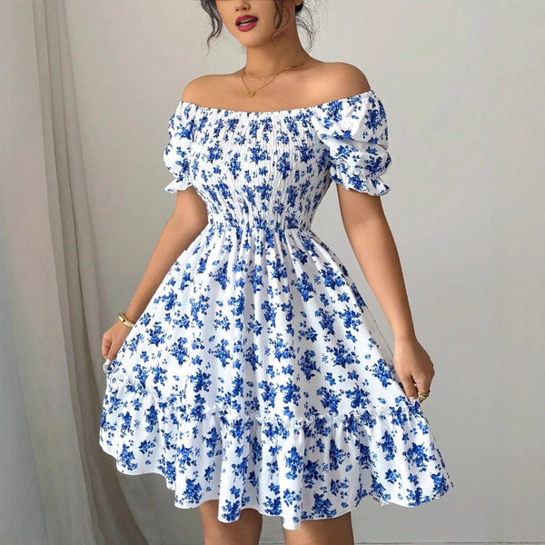 Bohemian Floral Strapless Puff Sleeve Cami Dress for Holidays