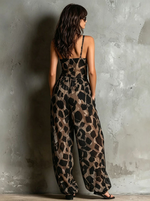 Leopard Print Knot Camisole Wide Leg Jumpsuit for Casual Wear