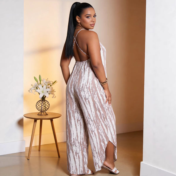 Plus Size Taupe Patterned Strap Low Back Wide-Leg Jumpsuit for Autumn Casual