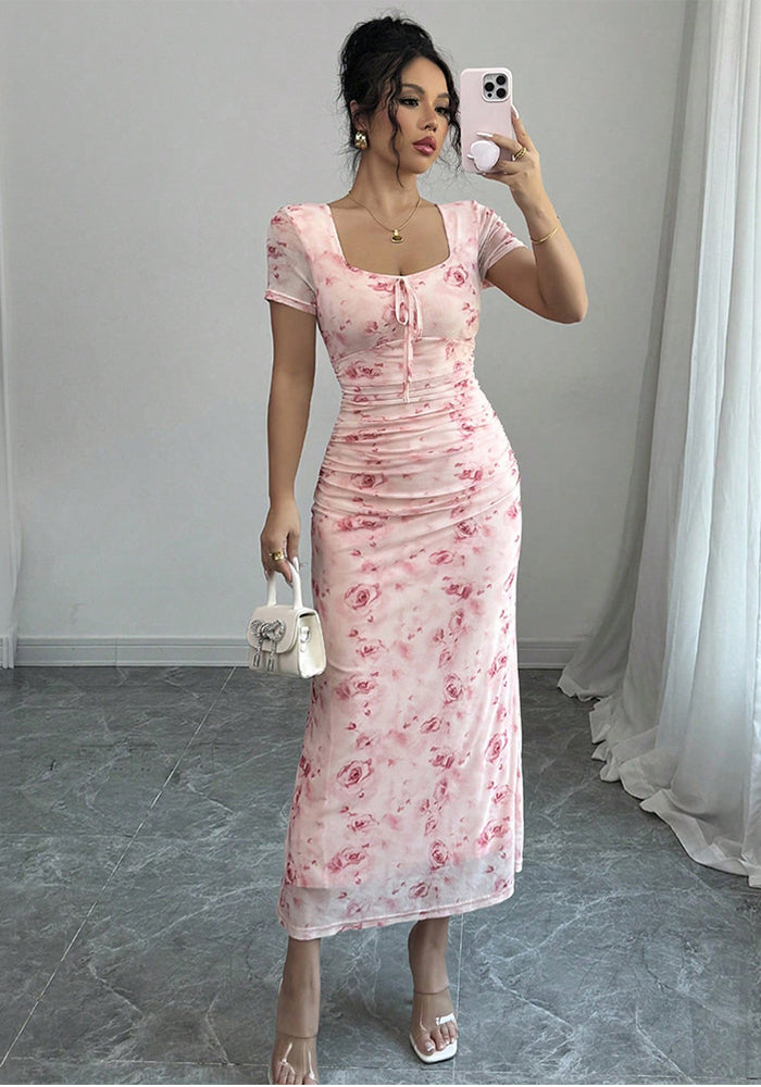Women's Mesh Printed Short-Sleeve Fishtail Midi Dress