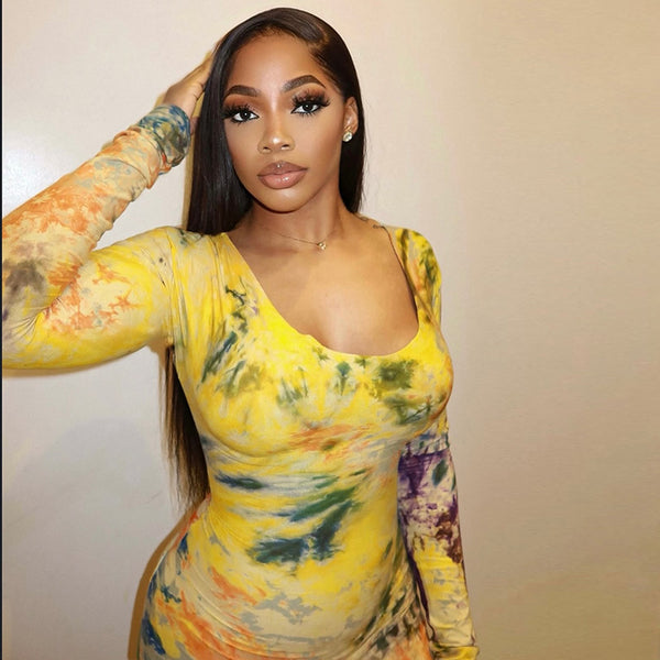 Printed Round Neck Long Sleeve Bodycon Dress for Evening Wear