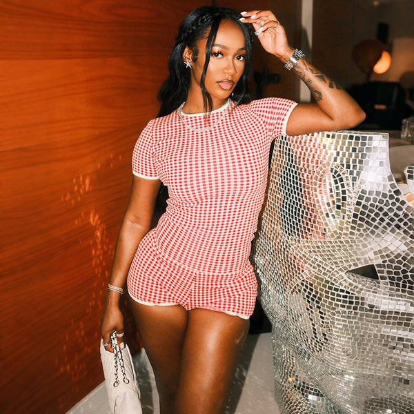Plaid Round Neck Short Sleeve T-Shirt & Shorts Set for Spring Casual