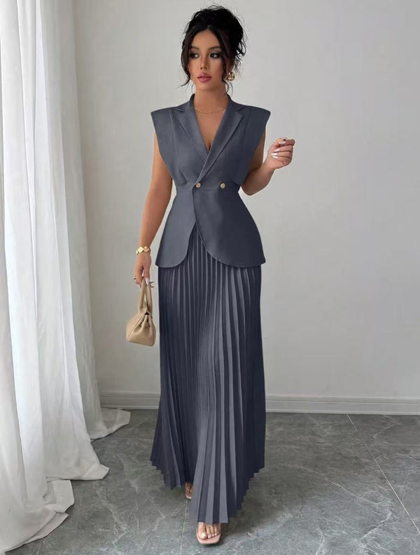 Sleeveless V-Neck Top & Pleated Midi Skirt Set for Summer