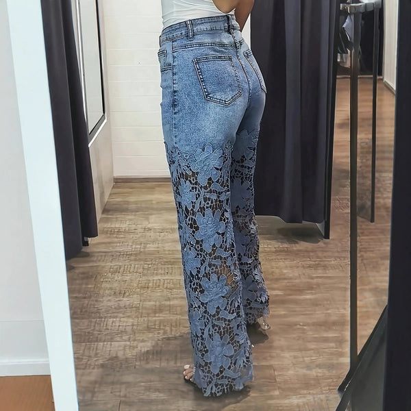 Washed Hollow-Out Lace High Waist Straight Leg Denim Pants for Casual Wear