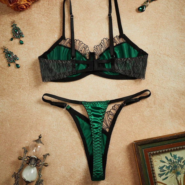 Satin Patchwork Embroidered Bra & Thong Lingerie Set for Intimate Wear