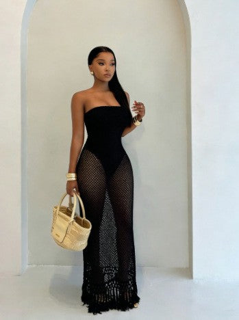 Strapless Hollow-Out Knitted Two-Piece Dress Set for Holidays
