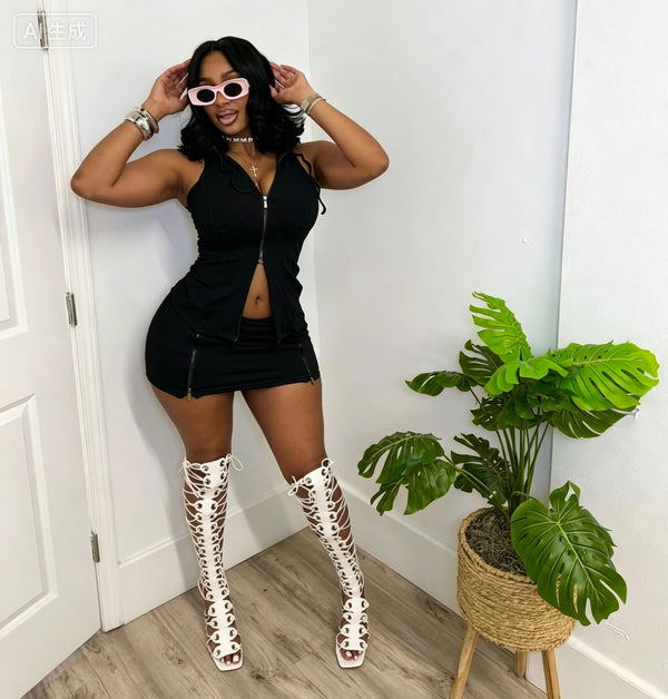Ribbed Sleeveless Top & Skirt Two-Piece Set for Casual Wear