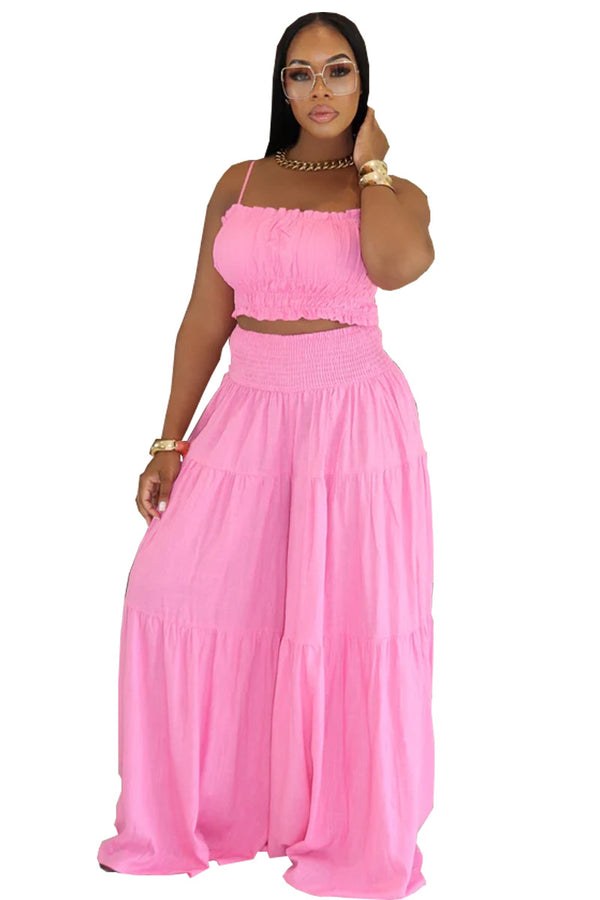 Plus Size African Solid Strap Top & Wide Leg Pants Set for Summer/Autumn