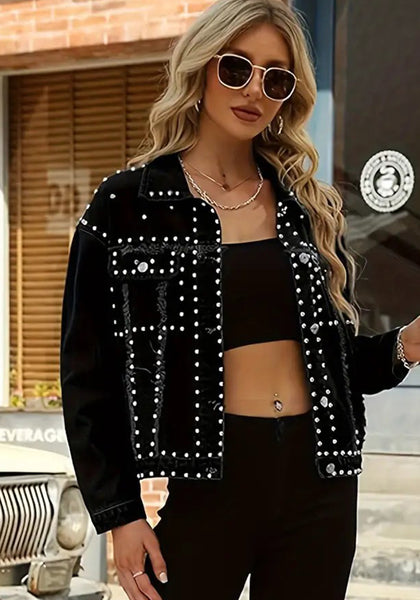 Women's Studded Rhinestone Fashion Denim Jacket Black Outerwear
