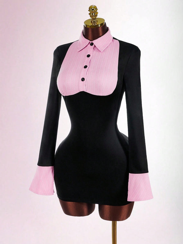Turndown Collar Faux Two-Piece Color Block Bodycon Dress for Career