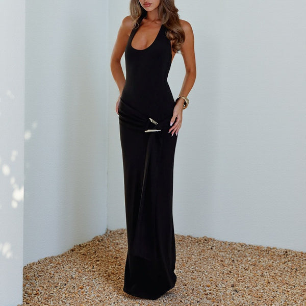 Backless Halter Metal Split Buckle Sash Dress for Party Wear