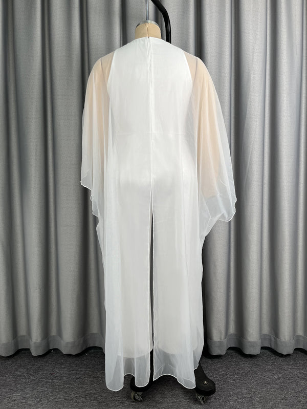 Plus Size White Mesh Cape Deep V-Neck Wide-Leg Jumpsuit for Formal Parties