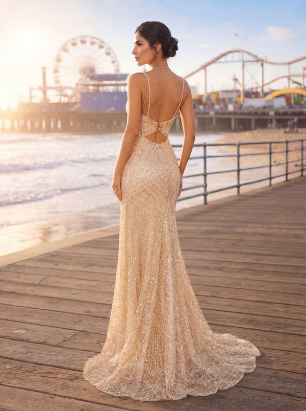 Sequin V-Neck Strap Backless Slit Evening Dress for Formal Parties
