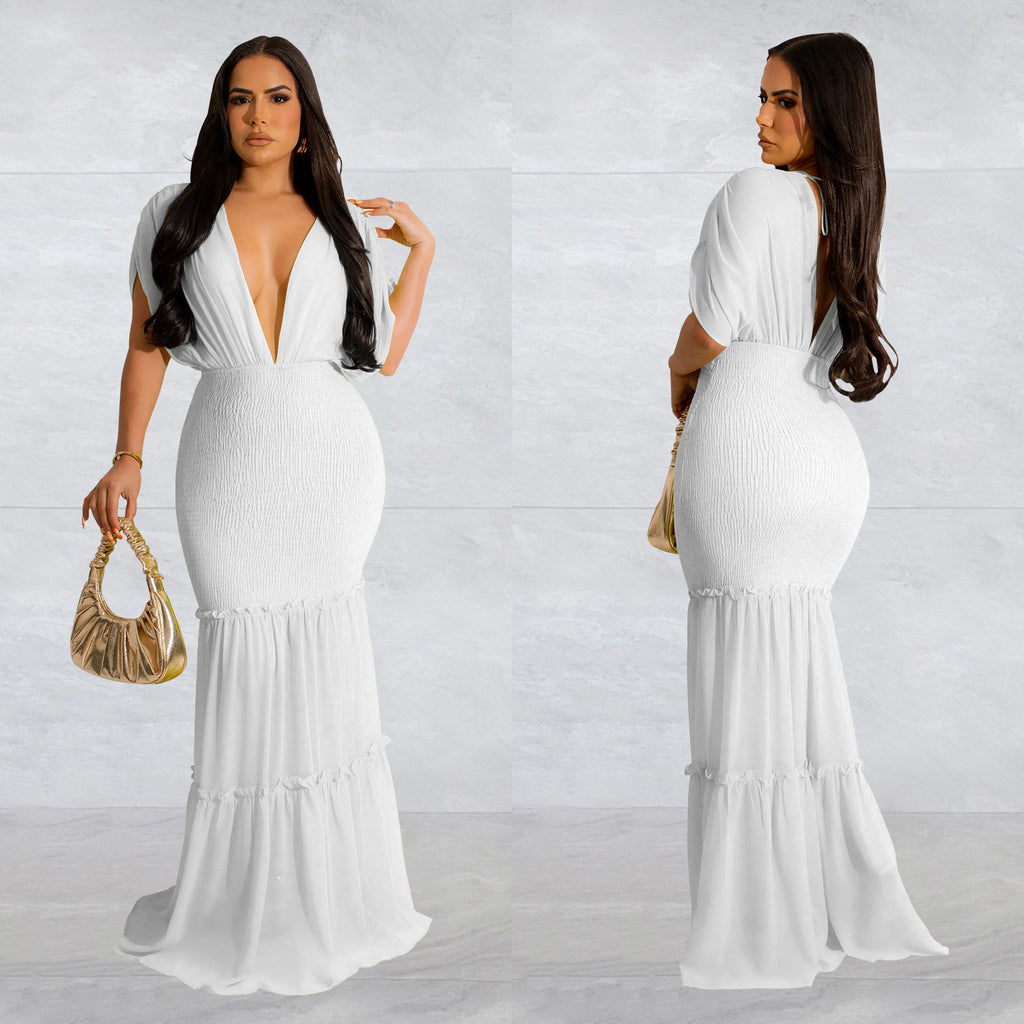 Women Solid Pleated V-Neck Sleeveless Maxi Dress