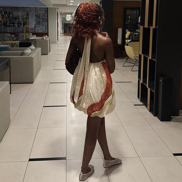 Spring Halter Neck Low Back Colorblock Mini Party Dress