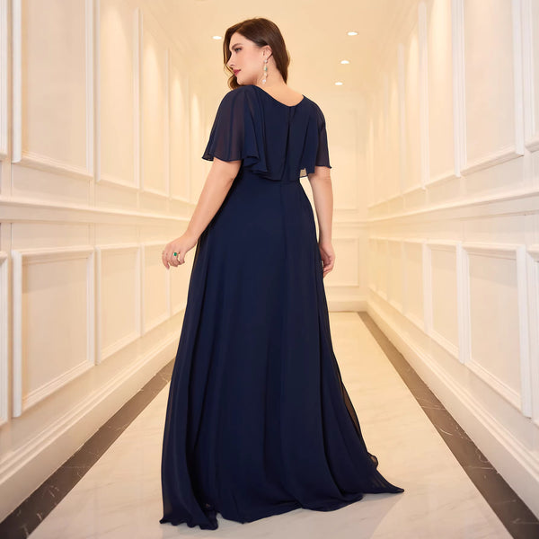 Plus Size Navy Blue V-Neck Formal Dress for Evening Parties