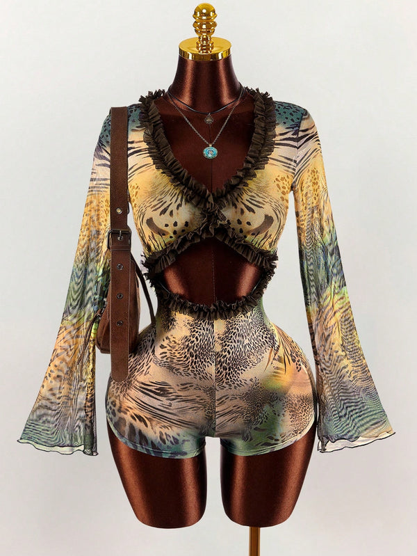 Leopard Print Mesh Hollow-Out Jumpsuit with Lace Trim for Parties