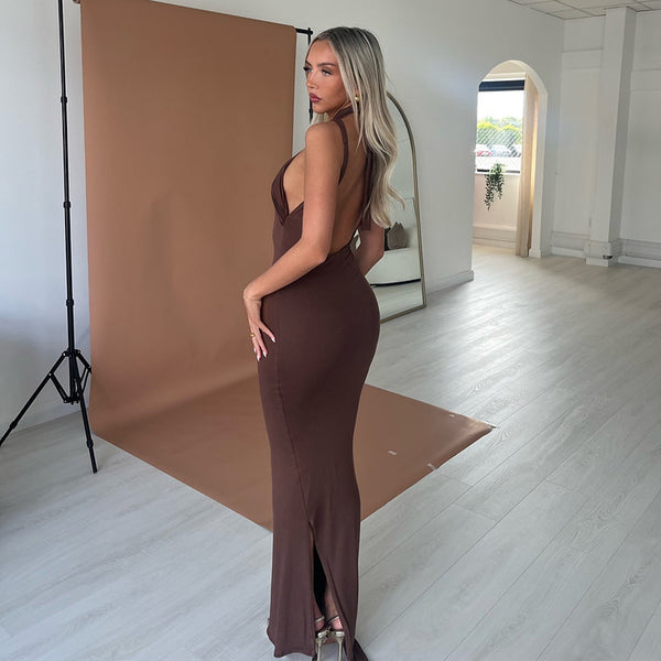 Women Spring Solid Halter Neck Hollow-Out Sexy Bodycon Dress