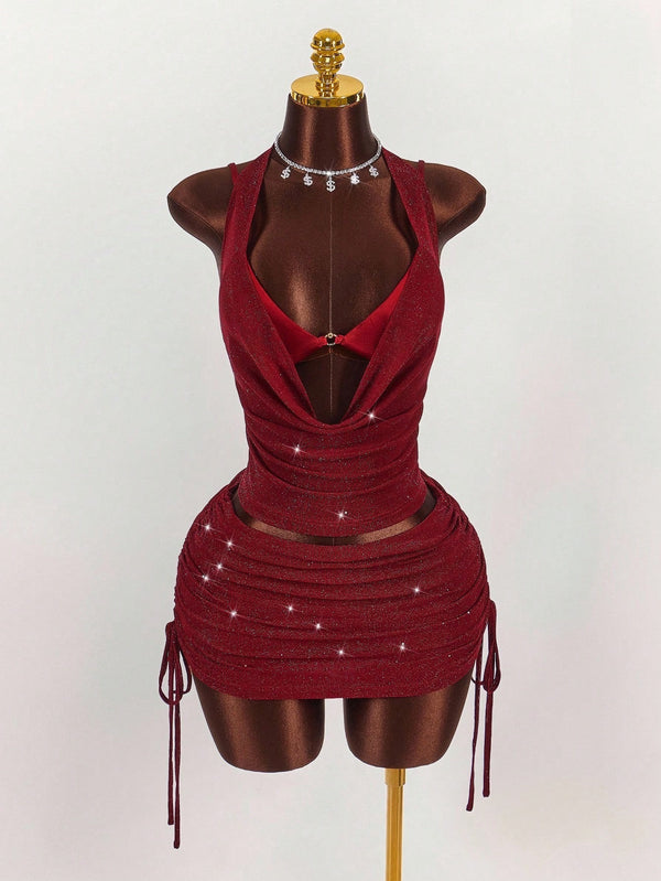 Halter Neck Backless Top & Skirt Set for Clubwear