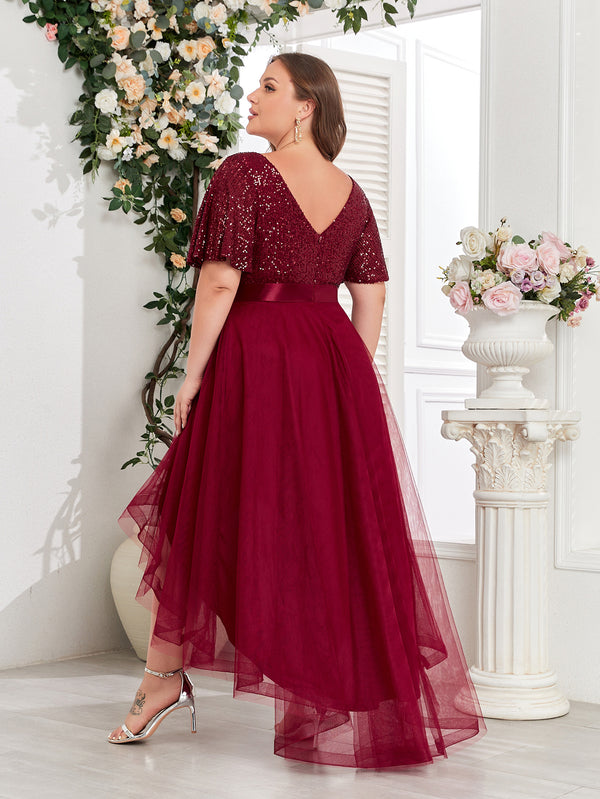 Plus Size Double V-Neck Short Sleeve Irregular Midi Dress for Spring & Summer
