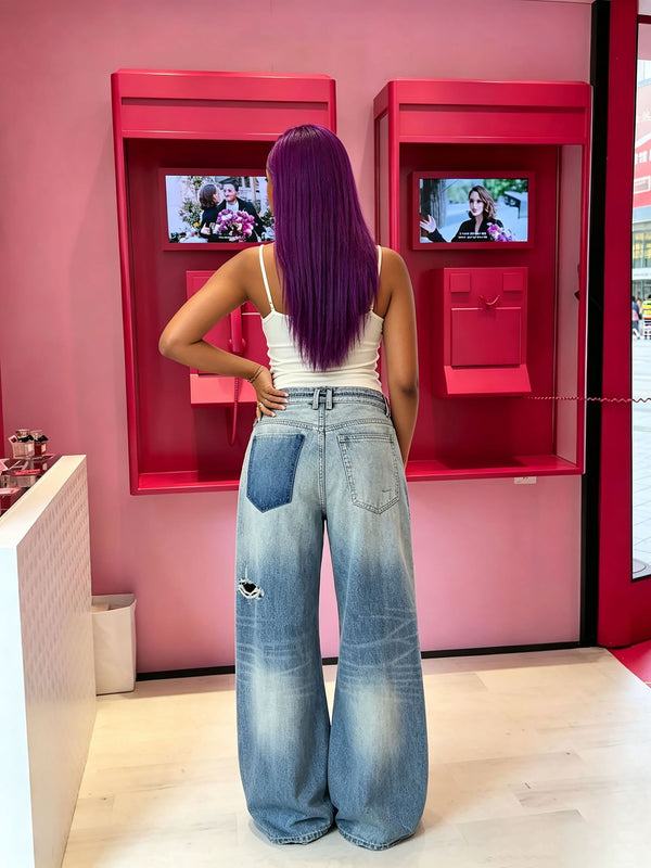 Ripped Drawstring Washed Denim Pants for Streetwear
