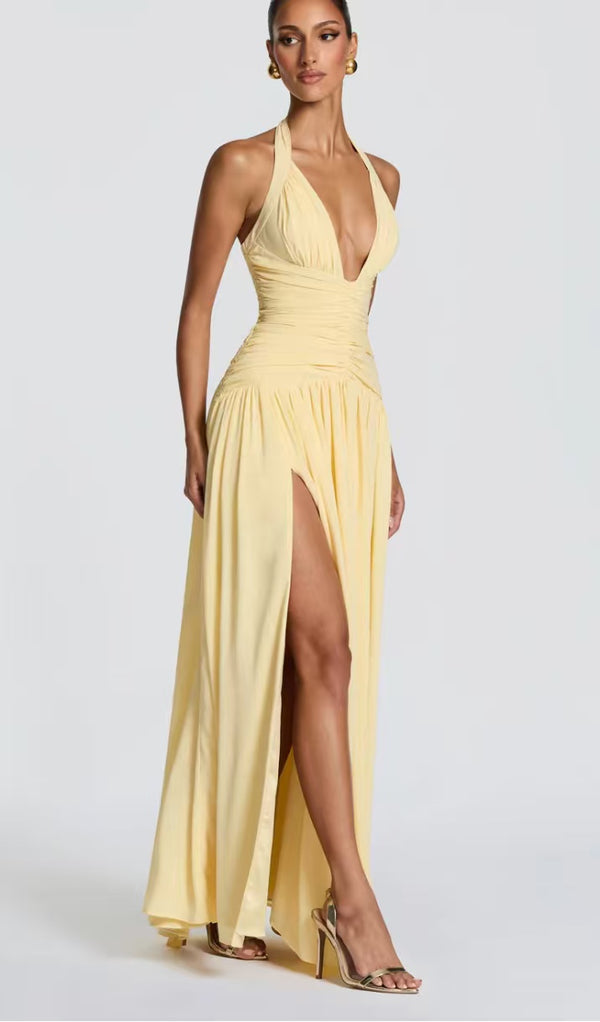 Halter V-Neck Slit Pleated Backless Maxi Dress