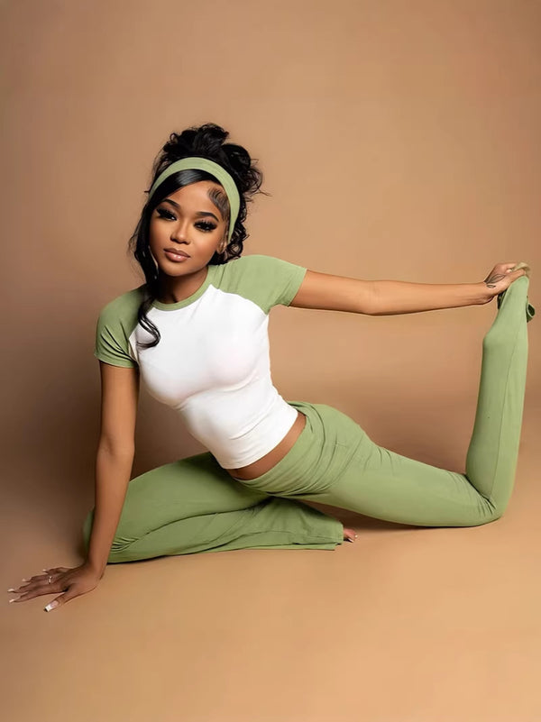 Color Block T-Shirt Pants & Headband Three-Piece Set for Activewear