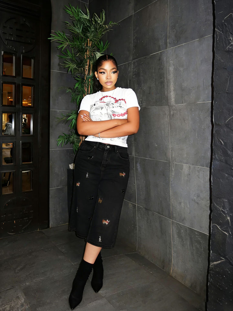 Women Spring Summer Embroidered Three-Point Denim Pant