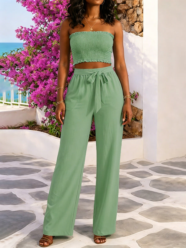 Strapless High-Waist Tie Wide-Leg Pants Two-Piece Set for Casual Wear