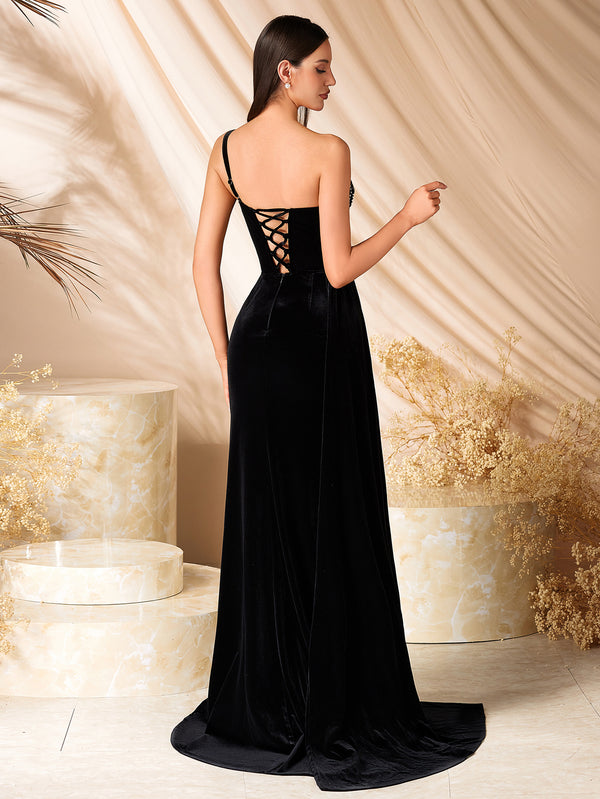 Velvet Sleeveless One-Shoulder Mermaid Split Evening Dress
