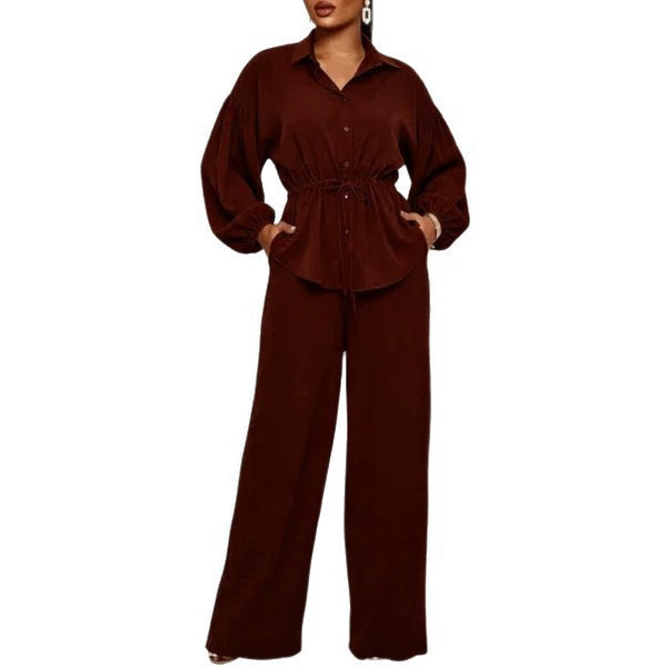Turndown Collar Shirt & Wide Leg Pants Set for Casual Office Wear