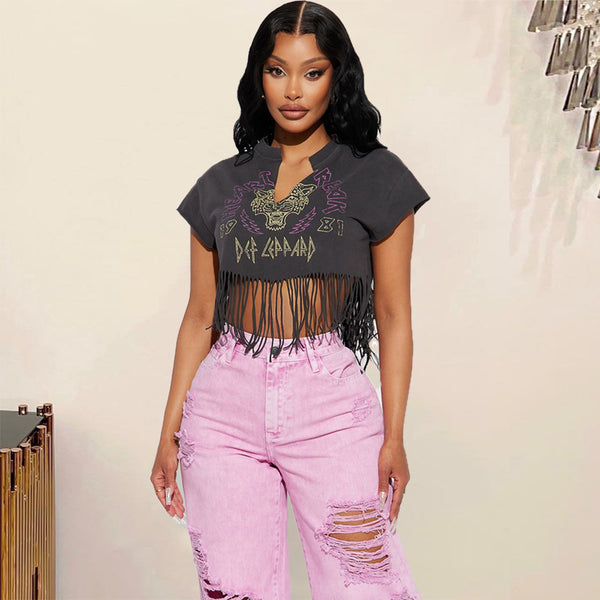 Fringed Short Sleeve Crop T-Shirt for Casual Festival Wear
