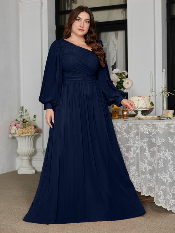 Plus Size Slash Shoulder Applique Lantern Sleeve Long Dress for Bridesmaids & Formal Events