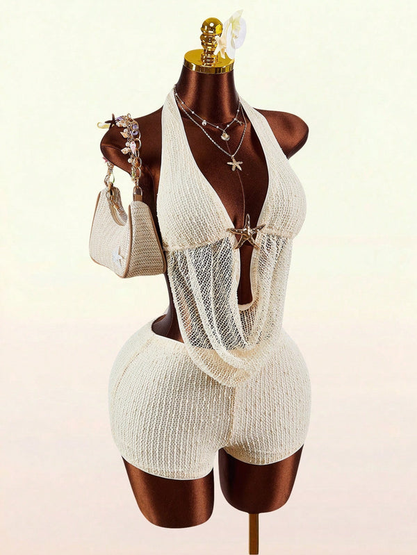 Halter Neck Backless Lace-Up Top & Shorts Two-Piece Set for Summer