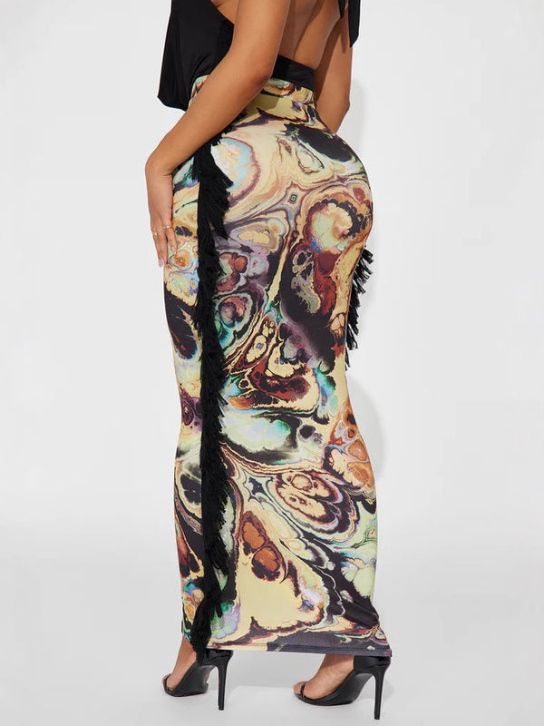 Printed Fringe Trim Midi Skirt for Spring & Summer Parties