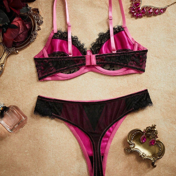 Satin Patchwork Lace Trim Bra & Panty Lingerie Set for Intimate Wear