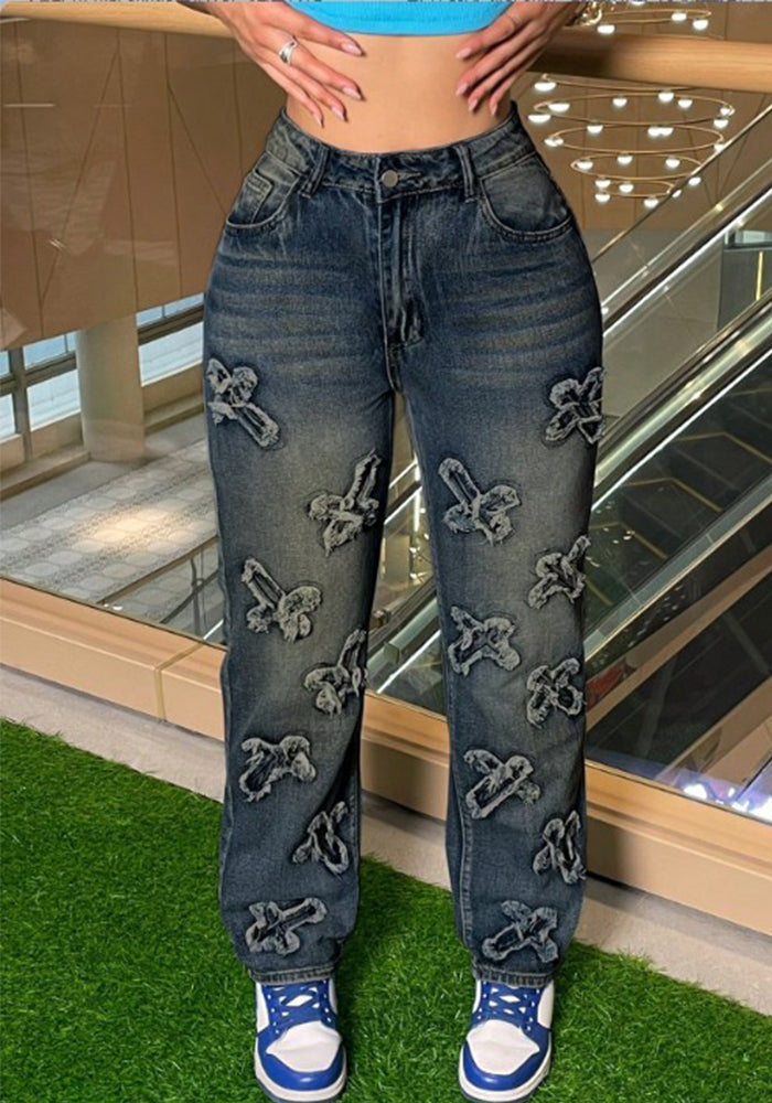 Appliqué Embellished Denim Jeans for Casual Wear