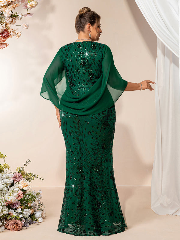 Plus Size Sequin Short Sleeve Shawl Mermaid Dress for Summer & Fall