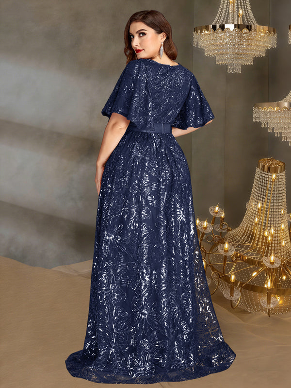 V-Neck Sequin Ruffle Sleeve Dress for Formal Parties