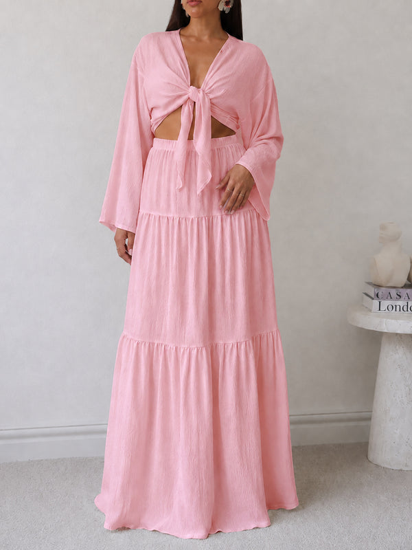 V-Neck Lace-Up Long Sleeve Top & Skirt Two-Piece Set for Holidays