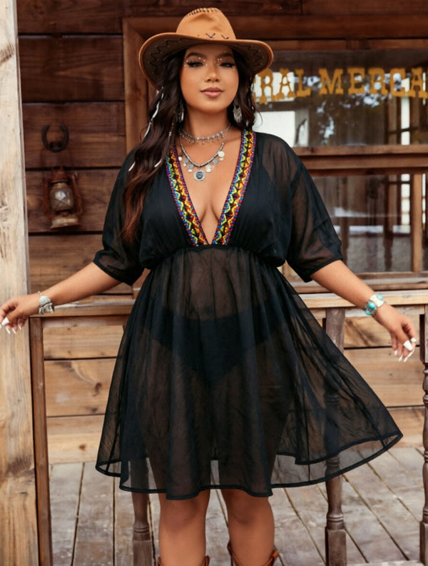 Plus Size See-Through Webbing Bikini Cover-Up Dress for Summer Beach Holidays